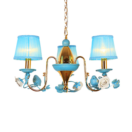 3-Light Metal Ceiling Chandelier Korean Flower Blue Gooseneck Arm Dining Room Pendant with Fabric Shade Clearhalo 'Ceiling Lights' 'Chandeliers' Lighting' options 729905