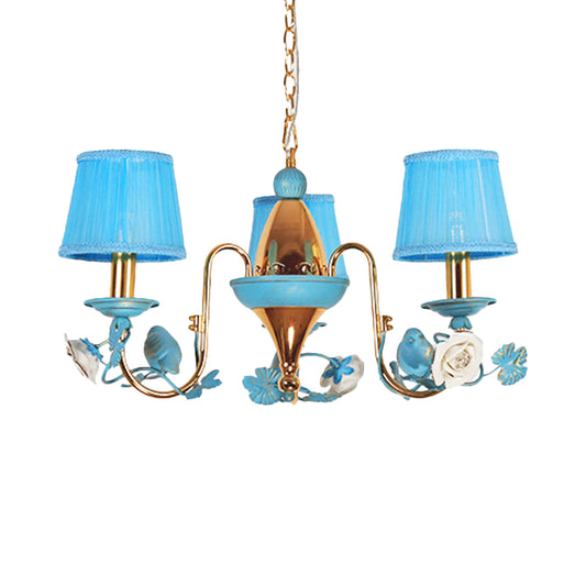 3-Light Metal Ceiling Chandelier Korean Flower Blue Gooseneck Arm Dining Room Pendant with Fabric Shade Clearhalo 'Ceiling Lights' 'Chandeliers' Lighting' options 729906