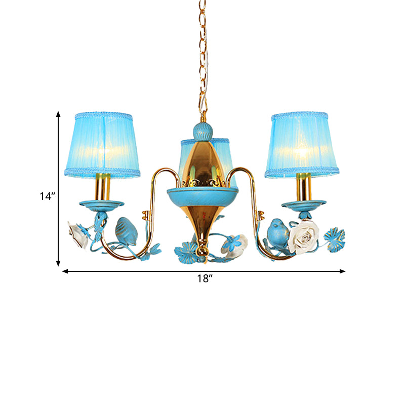 3-Light Metal Ceiling Chandelier Korean Flower Blue Gooseneck Arm Dining Room Pendant with Fabric Shade Clearhalo 'Ceiling Lights' 'Chandeliers' Lighting' options 729907