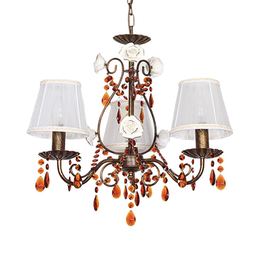 Antique Brass Tapered Hanging Chandelier Pastoral Fabric 3 Bulbs Dining Room Pendant with Crystal Decor Clearhalo 'Ceiling Lights' 'Chandeliers' Lighting' options 729911