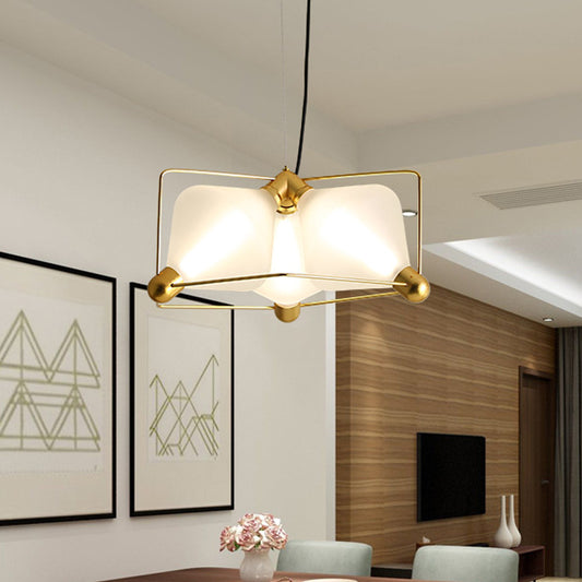 Opal Glass Diamond Ceiling Chandelier Contemporary 3 Bulbs Gold LED Hanging Ceiling Light with Frame in Warm/White Light Clearhalo 'Ceiling Lights' 'Chandeliers' 'Glass shade' 'Glass' 'Modern Chandeliers' 'Modern' 'Pendant Lights' Lighting' 729955