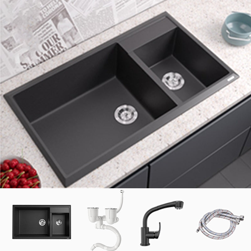 Modern Style Kitchen Sink Drop-In Quartz Kitchen Double Sink with Drain Assembly 34"L x 20"W x 9"H Sink with Faucet Pull Out Faucet Clearhalo 'Home Improvement' 'home_improvement' 'home_improvement_kitchen_sinks' 'Kitchen Remodel & Kitchen Fixtures' 'Kitchen Sinks & Faucet Components' 'Kitchen Sinks' 'kitchen_sinks' 7300189