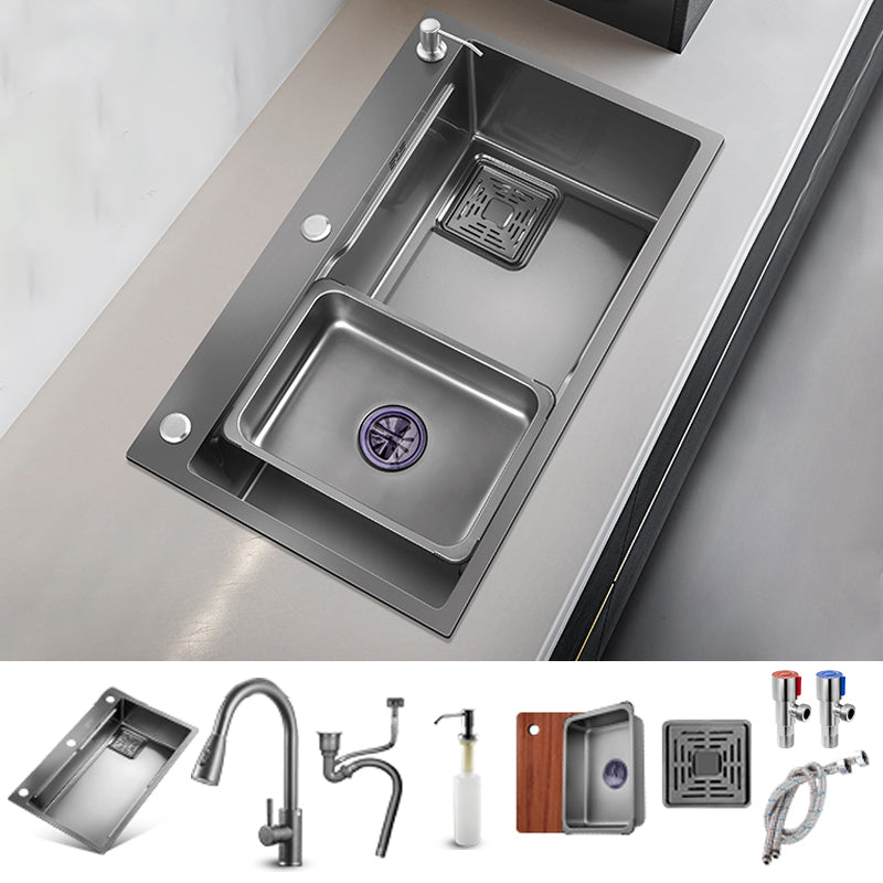 Kitchen Sink Stainless Steel Soundproof Detail Kitchen Sink with Basket Strainer Sink with Faucet Two-Outlet Pull-Out Faucet Clearhalo 'Home Improvement' 'home_improvement' 'home_improvement_kitchen_sinks' 'Kitchen Remodel & Kitchen Fixtures' 'Kitchen Sinks & Faucet Components' 'Kitchen Sinks' 'kitchen_sinks' 7300206