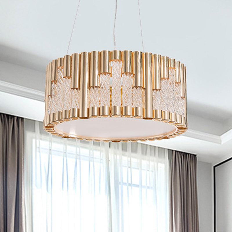 Contemporary Drum Pendant Chandelier Metal 3 Lights Living Room Suspension Lamp in Gold with Spiral Clear Glass Tube Gold Clearhalo 'Ceiling Lights' 'Chandeliers' 'Modern Chandeliers' 'Modern' Lighting' 730025