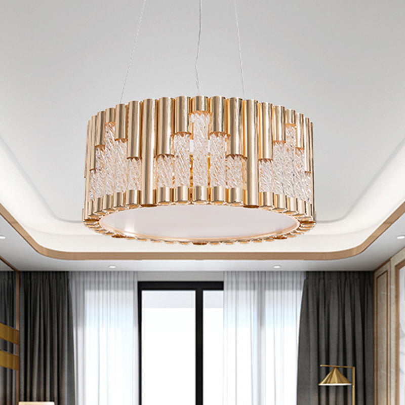Contemporary Drum Pendant Chandelier Metal 3 Lights Living Room Suspension Lamp in Gold with Spiral Clear Glass Tube Clearhalo 'Ceiling Lights' 'Chandeliers' 'Modern Chandeliers' 'Modern' Lighting' 730026