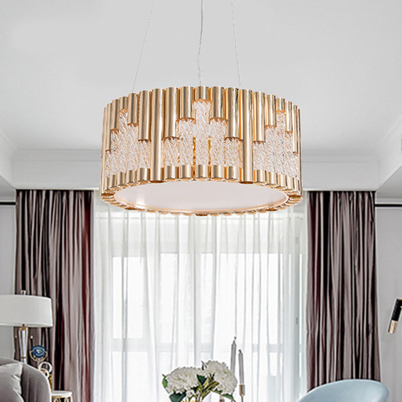 Contemporary Drum Pendant Chandelier Metal 3 Lights Living Room Suspension Lamp in Gold with Spiral Clear Glass Tube Clearhalo 'Ceiling Lights' 'Chandeliers' 'Modern Chandeliers' 'Modern' Lighting' 730027