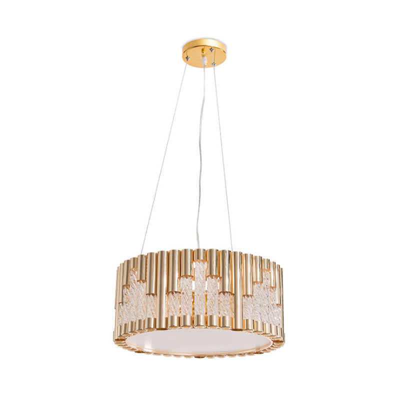 Contemporary Drum Pendant Chandelier Metal 3 Lights Living Room Suspension Lamp in Gold with Spiral Clear Glass Tube Clearhalo 'Ceiling Lights' 'Chandeliers' 'Modern Chandeliers' 'Modern' Lighting' 730028