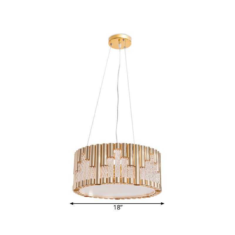 Contemporary Drum Pendant Chandelier Metal 3 Lights Living Room Suspension Lamp in Gold with Spiral Clear Glass Tube Clearhalo 'Ceiling Lights' 'Chandeliers' 'Modern Chandeliers' 'Modern' Lighting' 730029