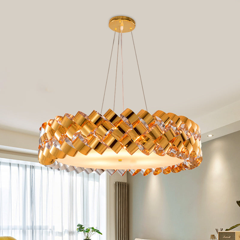 Twisted Panel Living Room Chandelier Metallic 6-Head Contemporary Pendant in Gold with Drum Design Gold Clearhalo 'Ceiling Lights' 'Chandeliers' 'Modern Chandeliers' 'Modern' Lighting' 730030