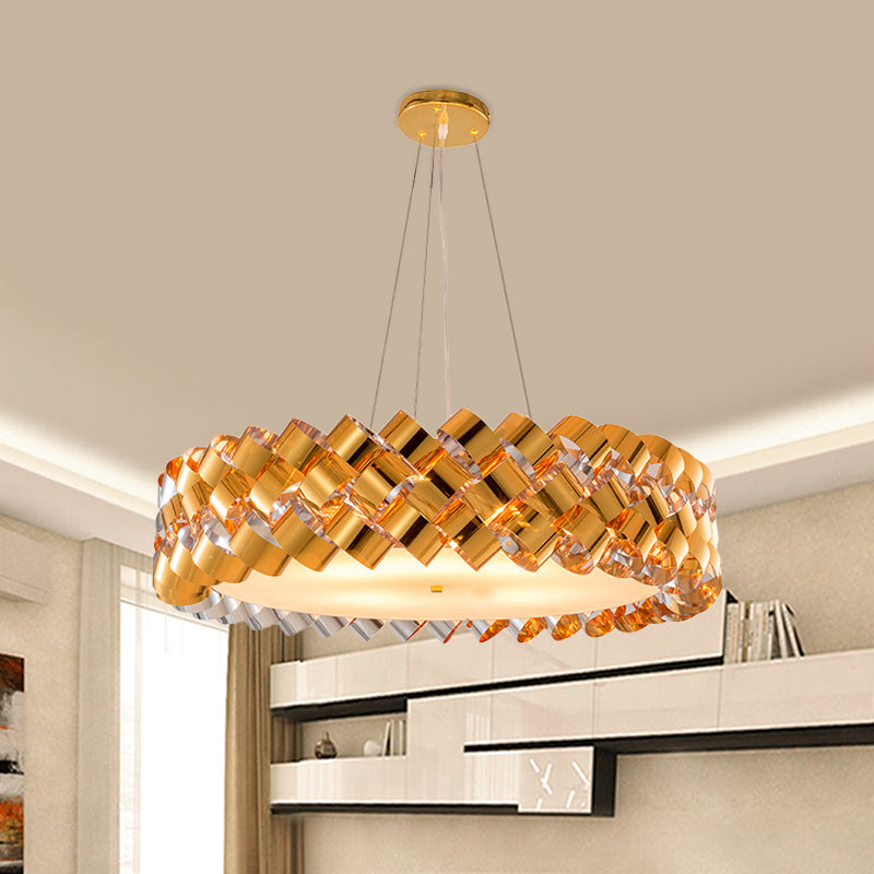 Twisted Panel Living Room Chandelier Metallic 6-Head Contemporary Pendant in Gold with Drum Design Clearhalo 'Ceiling Lights' 'Chandeliers' 'Modern Chandeliers' 'Modern' Lighting' 730031