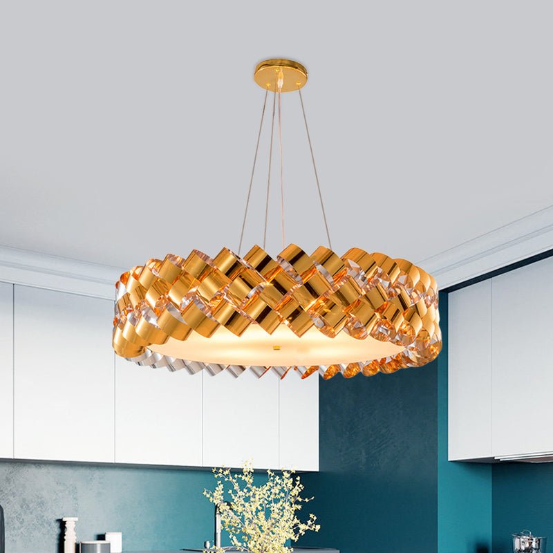 Twisted Panel Living Room Chandelier Metallic 6-Head Contemporary Pendant in Gold with Drum Design Clearhalo 'Ceiling Lights' 'Chandeliers' 'Modern Chandeliers' 'Modern' Lighting' 730032