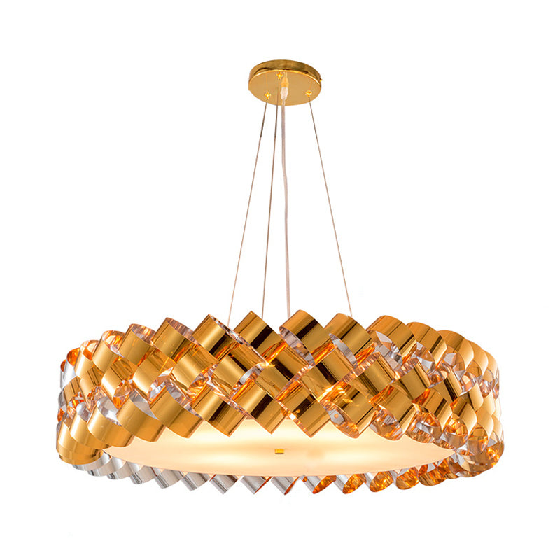 Twisted Panel Living Room Chandelier Metallic 6-Head Contemporary Pendant in Gold with Drum Design Clearhalo 'Ceiling Lights' 'Chandeliers' 'Modern Chandeliers' 'Modern' Lighting' 730033