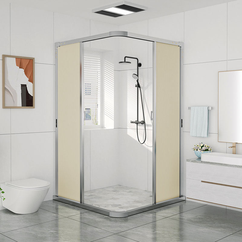 Square Corner Aluminum Frame Shower Enclosure with Double Door Handles Silver Clearhalo 'Bathroom Remodel & Bathroom Fixtures' 'Home Improvement' 'home_improvement' 'home_improvement_shower_stalls_enclosures' 'Shower Stalls & Enclosures' 'shower_stalls_enclosures' 'Showers & Bathtubs' 7300478