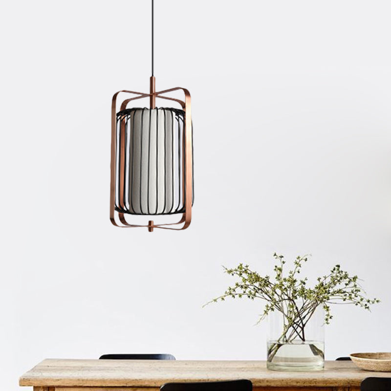 Rectangle Frame Pendant Modernism Metal 1 Light Rose Gold Suspension Lamp with Cylinder Black Cage and White Fabric Shade Clearhalo 'Ceiling Lights' 'Modern Pendants' 'Modern' 'Pendant Lights' 'Pendants' Lighting' 730051