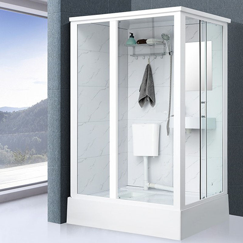 Framed Rectangle Frosted Corner Shower Stall with White Base Clearhalo 'Bathroom Remodel & Bathroom Fixtures' 'Home Improvement' 'home_improvement' 'home_improvement_shower_stalls_enclosures' 'Shower Stalls & Enclosures' 'shower_stalls_enclosures' 'Showers & Bathtubs' 7300511