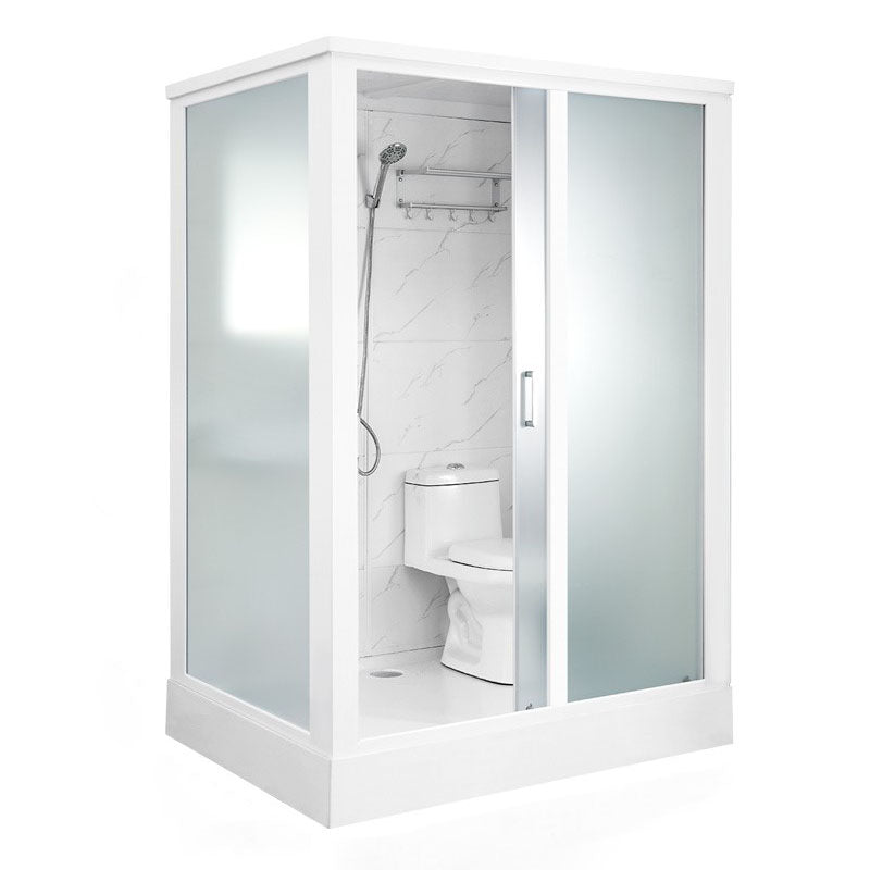 Framed Rectangle Frosted Corner Shower Stall with White Base Toilet Included Front Opening White Clearhalo 'Bathroom Remodel & Bathroom Fixtures' 'Home Improvement' 'home_improvement' 'home_improvement_shower_stalls_enclosures' 'Shower Stalls & Enclosures' 'shower_stalls_enclosures' 'Showers & Bathtubs' 7300512