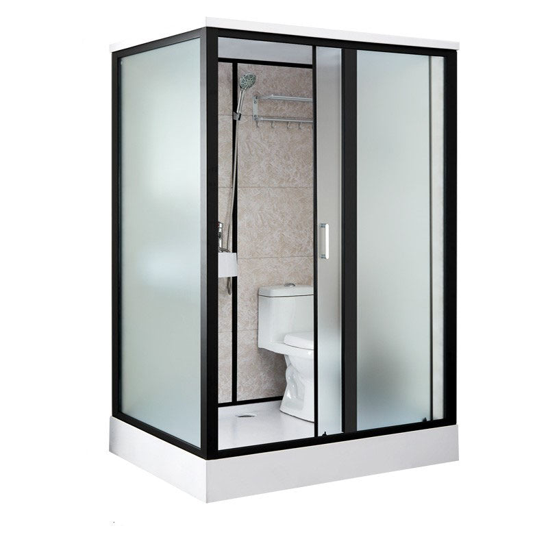 Framed Rectangle Frosted Corner Shower Stall with White Base Toilet Included Front Opening Black Clearhalo 'Bathroom Remodel & Bathroom Fixtures' 'Home Improvement' 'home_improvement' 'home_improvement_shower_stalls_enclosures' 'Shower Stalls & Enclosures' 'shower_stalls_enclosures' 'Showers & Bathtubs' 7300513