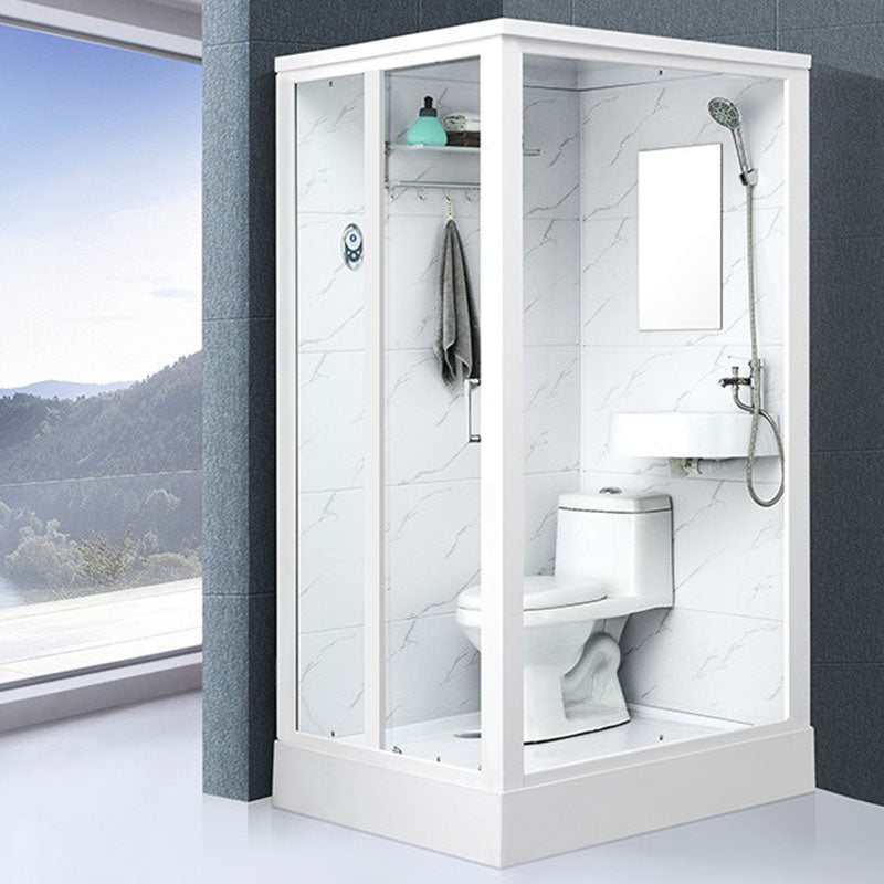 Framed Rectangle Frosted Corner Shower Stall with White Base Clearhalo 'Bathroom Remodel & Bathroom Fixtures' 'Home Improvement' 'home_improvement' 'home_improvement_shower_stalls_enclosures' 'Shower Stalls & Enclosures' 'shower_stalls_enclosures' 'Showers & Bathtubs' 7300514