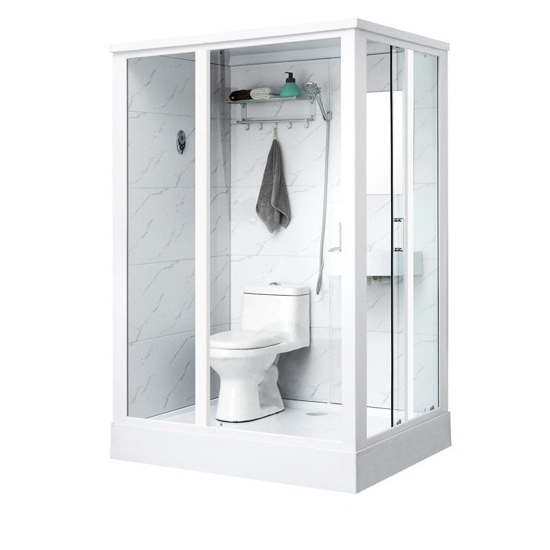 Framed Rectangle Frosted Corner Shower Stall with White Base Toilet Included Sided Opening White Clearhalo 'Bathroom Remodel & Bathroom Fixtures' 'Home Improvement' 'home_improvement' 'home_improvement_shower_stalls_enclosures' 'Shower Stalls & Enclosures' 'shower_stalls_enclosures' 'Showers & Bathtubs' 7300517