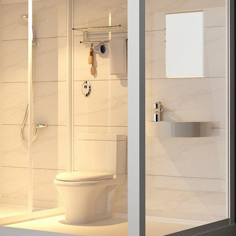 Framed Rectangle Frosted Corner Shower Stall with White Base Clearhalo 'Bathroom Remodel & Bathroom Fixtures' 'Home Improvement' 'home_improvement' 'home_improvement_shower_stalls_enclosures' 'Shower Stalls & Enclosures' 'shower_stalls_enclosures' 'Showers & Bathtubs' 7300523