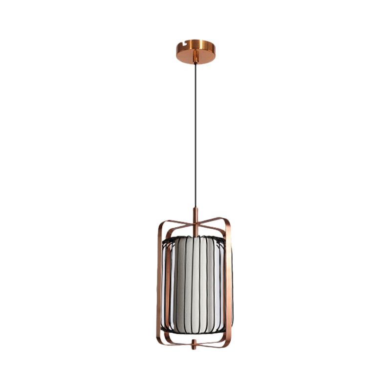 Rectangle Frame Pendant Modernism Metal 1 Light Rose Gold Suspension Lamp with Cylinder Black Cage and White Fabric Shade Clearhalo 'Ceiling Lights' 'Modern Pendants' 'Modern' 'Pendant Lights' 'Pendants' Lighting' 730053