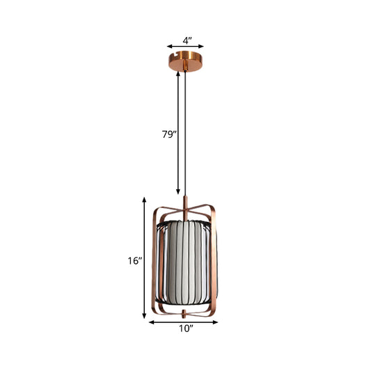 Rectangle Frame Pendant Modernism Metal 1 Light Rose Gold Suspension Lamp with Cylinder Black Cage and White Fabric Shade Clearhalo 'Ceiling Lights' 'Modern Pendants' 'Modern' 'Pendant Lights' 'Pendants' Lighting' 730054