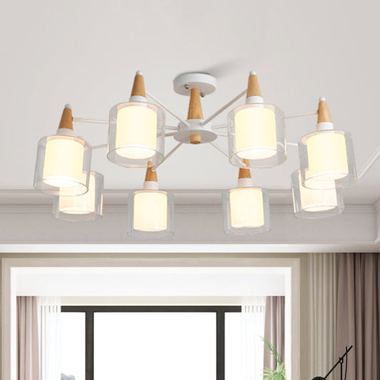 Beige Double Cylinder Flush Mount Fixture Modernism 8 Heads Clear and White Glass Semi Close to Ceiling Light Clearhalo 'Ceiling Lights' 'Close To Ceiling Lights' 'Close to ceiling' 'Glass shade' 'Glass' 'Semi-flushmount' Lighting' 730092