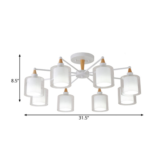 Beige Double Cylinder Flush Mount Fixture Modernism 8 Heads Clear and White Glass Semi Close to Ceiling Light Clearhalo 'Ceiling Lights' 'Close To Ceiling Lights' 'Close to ceiling' 'Glass shade' 'Glass' 'Semi-flushmount' Lighting' 730094
