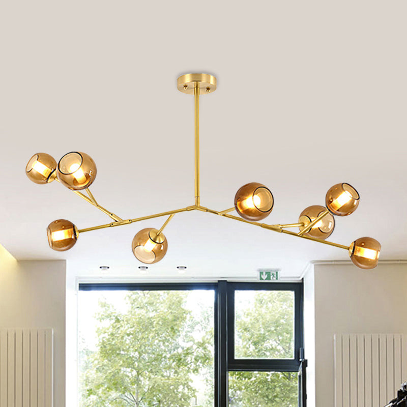 8-Bulb Living Room Ceiling Chandelier Post Modern Brass Branch Pendant Light Fixture with Bud Amber Glass Shade Brass Clearhalo 'Ceiling Lights' 'Chandeliers' 'Glass shade' 'Glass' 'Modern Chandeliers' 'Modern' 'Pendant Lights' Lighting' 730095