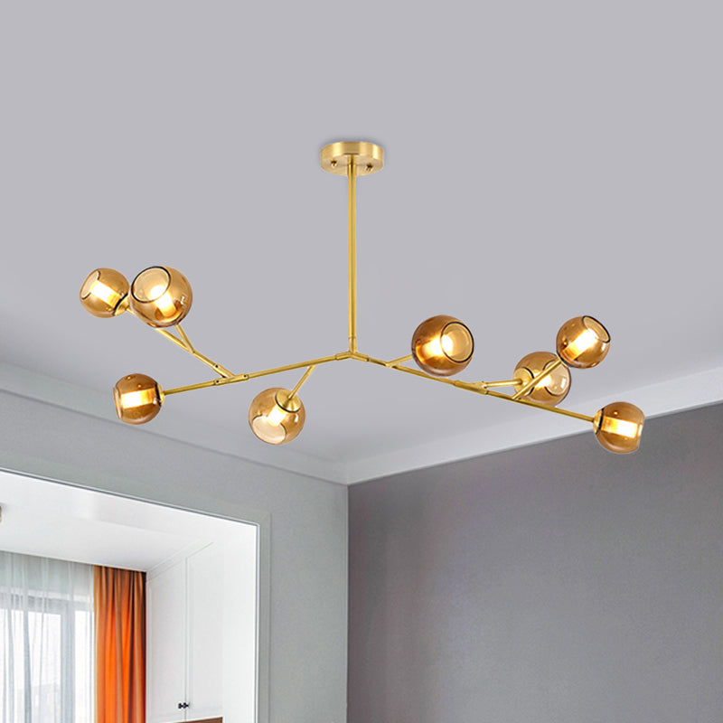 8-Bulb Living Room Ceiling Chandelier Post Modern Brass Branch Pendant Light Fixture with Bud Amber Glass Shade Clearhalo 'Ceiling Lights' 'Chandeliers' 'Glass shade' 'Glass' 'Modern Chandeliers' 'Modern' 'Pendant Lights' Lighting' 730096