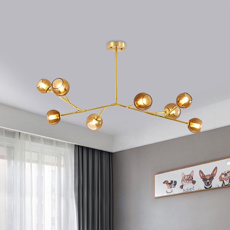 8-Bulb Living Room Ceiling Chandelier Post Modern Brass Branch Pendant Light Fixture with Bud Amber Glass Shade Clearhalo 'Ceiling Lights' 'Chandeliers' 'Glass shade' 'Glass' 'Modern Chandeliers' 'Modern' 'Pendant Lights' Lighting' 730097