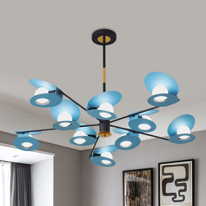 Disk Suspension Light Contemporary Metallic 10 Bulbs Living Room Chandelier Lamp in Blue with Hollow Out Design Blue Clearhalo 'Ceiling Lights' 'Chandeliers' 'Modern Chandeliers' 'Modern' Lighting' 730120