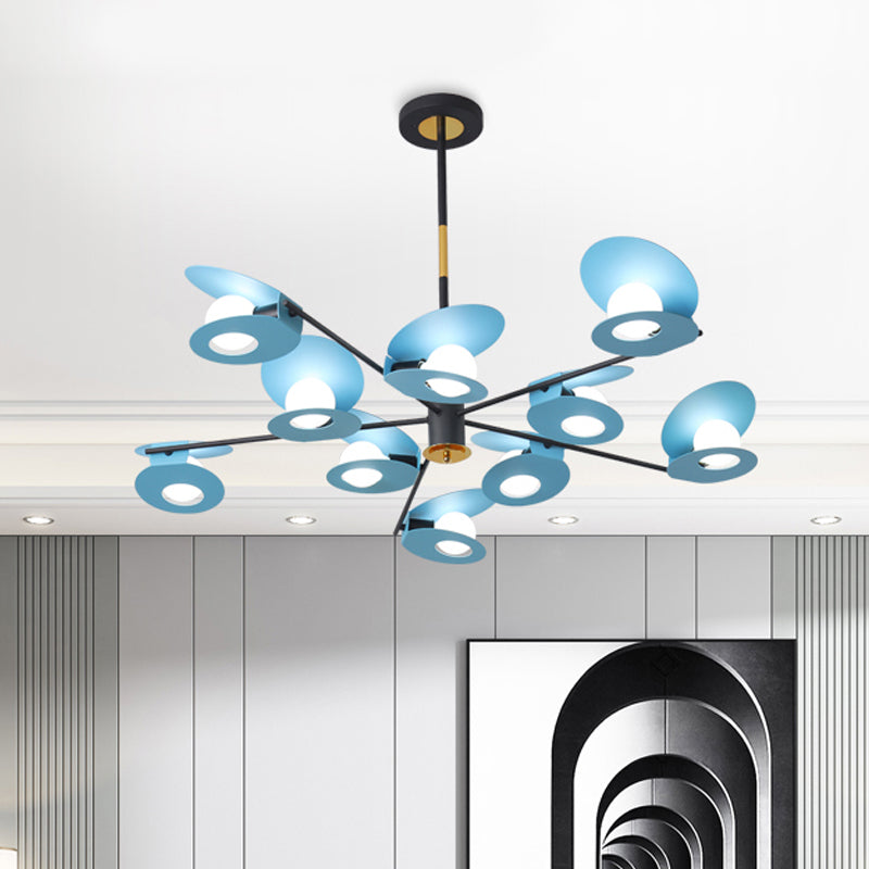 Disk Suspension Light Contemporary Metallic 10 Bulbs Living Room Chandelier Lamp in Blue with Hollow Out Design Clearhalo 'Ceiling Lights' 'Chandeliers' 'Modern Chandeliers' 'Modern' Lighting' 730121