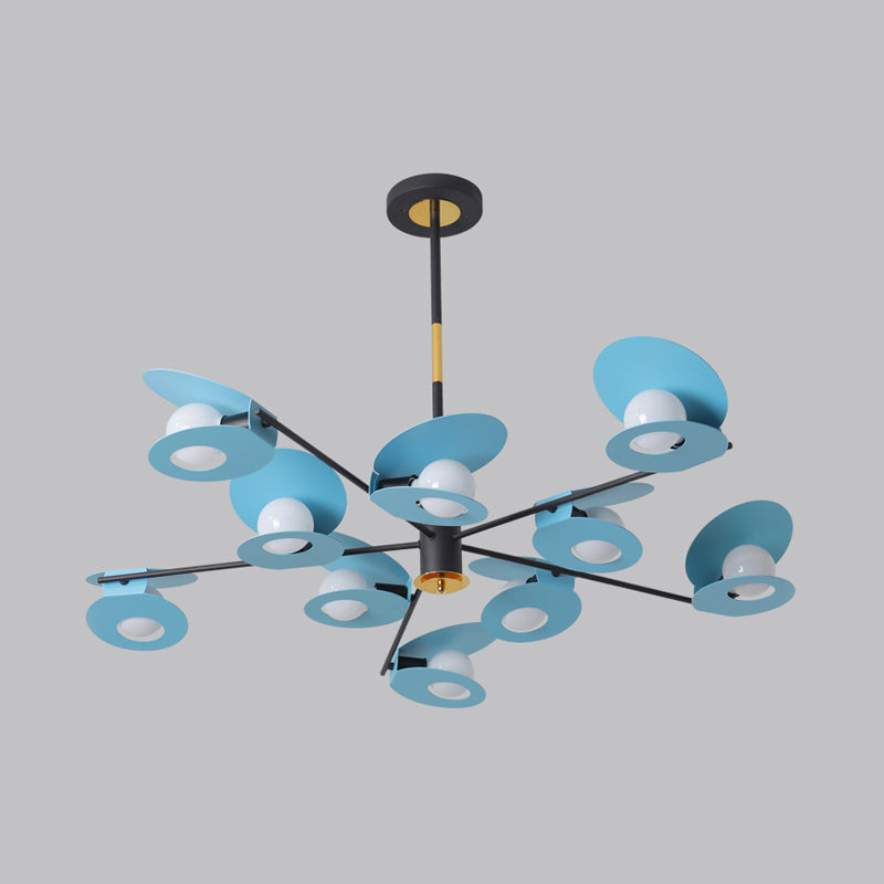 Disk Suspension Light Contemporary Metallic 10 Bulbs Living Room Chandelier Lamp in Blue with Hollow Out Design Clearhalo 'Ceiling Lights' 'Chandeliers' 'Modern Chandeliers' 'Modern' Lighting' 730122