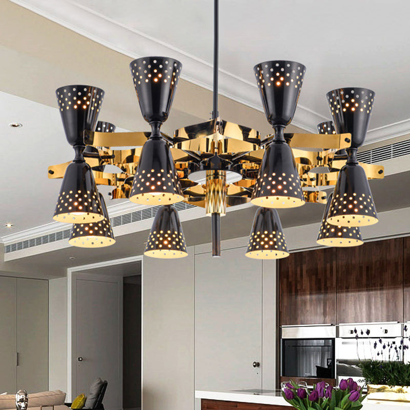 Iron Hourglass Hanging Chandelier Postmodern 16-Light Ceiling Suspension Lamp in Gold and Black Black-Gold Clearhalo 'Ceiling Lights' 'Chandeliers' 'Modern Chandeliers' 'Modern' Lighting' 730145