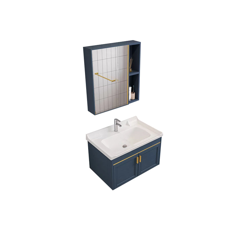 Modern Single Wall Mount Vanity Blue Ceramic Top Sink Vanity Vanity & Faucet & Mirror Cabinet Square Mirror Clearhalo 'Bathroom Remodel & Bathroom Fixtures' 'Bathroom Vanities' 'bathroom_vanities' 'Home Improvement' 'home_improvement' 'home_improvement_bathroom_vanities' 7301479