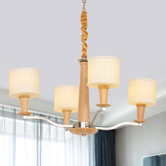 Beige Radial Ceiling Chandelier Modernist 4-Head Wood Hanging Light Fixture with Drum Cream Glass Shade Wood Clearhalo 'Carpenter Chandeliers' 'Ceiling Lights' 'Chandeliers' 'Industrial' 'Modern Chandeliers' 'Modern' Lighting' 730150
