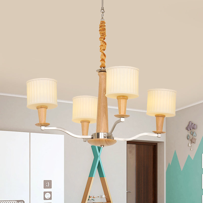 Beige Radial Ceiling Chandelier Modernist 4-Head Wood Hanging Light Fixture with Drum Cream Glass Shade Clearhalo 'Carpenter Chandeliers' 'Ceiling Lights' 'Chandeliers' 'Industrial' 'Modern Chandeliers' 'Modern' Lighting' 730151
