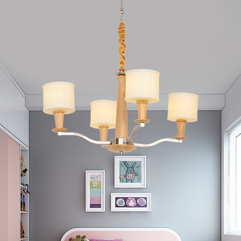 Beige Radial Ceiling Chandelier Modernist 4-Head Wood Hanging Light Fixture with Drum Cream Glass Shade Clearhalo 'Carpenter Chandeliers' 'Ceiling Lights' 'Chandeliers' 'Industrial' 'Modern Chandeliers' 'Modern' Lighting' 730152