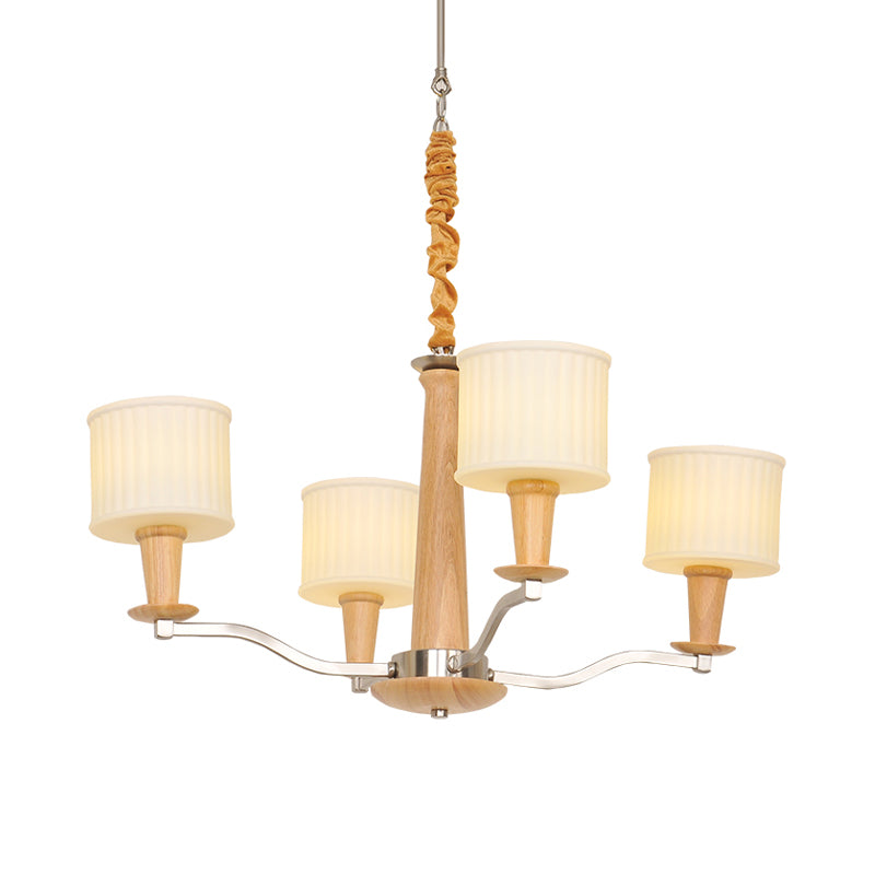 Beige Radial Ceiling Chandelier Modernist 4-Head Wood Hanging Light Fixture with Drum Cream Glass Shade Clearhalo 'Carpenter Chandeliers' 'Ceiling Lights' 'Chandeliers' 'Industrial' 'Modern Chandeliers' 'Modern' Lighting' 730153
