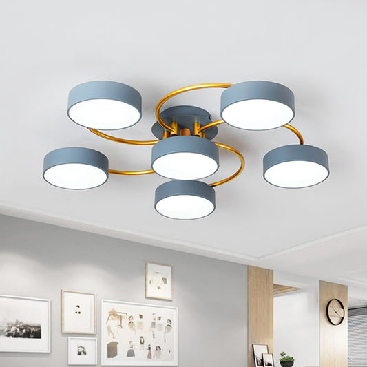 Small Drum Iron Semi Flush Light Fixture Nordic 6 Heads Grey LED Close to Ceiling Lamp with Gold Spiral Arm Clearhalo 'Ceiling Lights' 'Close To Ceiling Lights' 'Close to ceiling' 'Semi-flushmount' Lighting' 730172