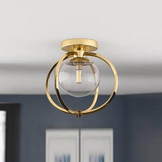 1 Bulb Bedroom Ceiling Light Fixture Modern Gold Metal Semi Flush Mount with Globe Clear Glass Shade Clearhalo 'Ceiling Lights' 'Close To Ceiling Lights' 'Close to ceiling' 'Semi-flushmount' Lighting' 730197-sw