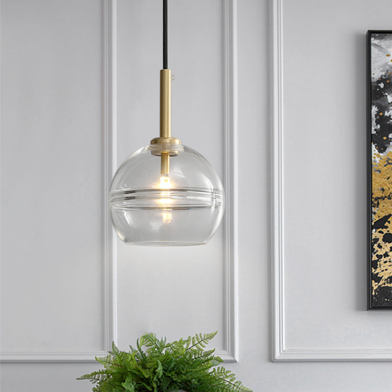 1 Light Living Room Pendant Modernist Brass Hanging Lamp Kit with Sphere Clear/Smoke Gray Ruffle Glass Shade Clear Clearhalo 'Ceiling Lights' 'Chandeliers' 'Glass shade' 'Glass' 'Modern Pendants' 'Modern' 'Pendant Lights' 'Pendants' Lighting' 730340