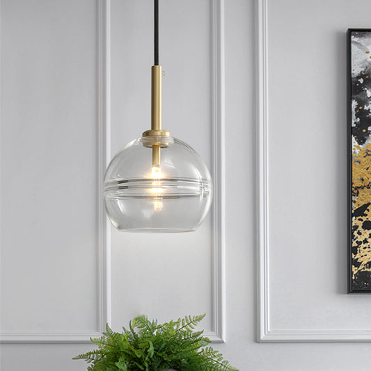 1 Light Living Room Pendant Modernist Brass Hanging Lamp Kit with Sphere Clear/Smoke Gray Ruffle Glass Shade Clear Clearhalo 'Ceiling Lights' 'Chandeliers' 'Glass shade' 'Glass' 'Modern Pendants' 'Modern' 'Pendant Lights' 'Pendants' Lighting' 730340