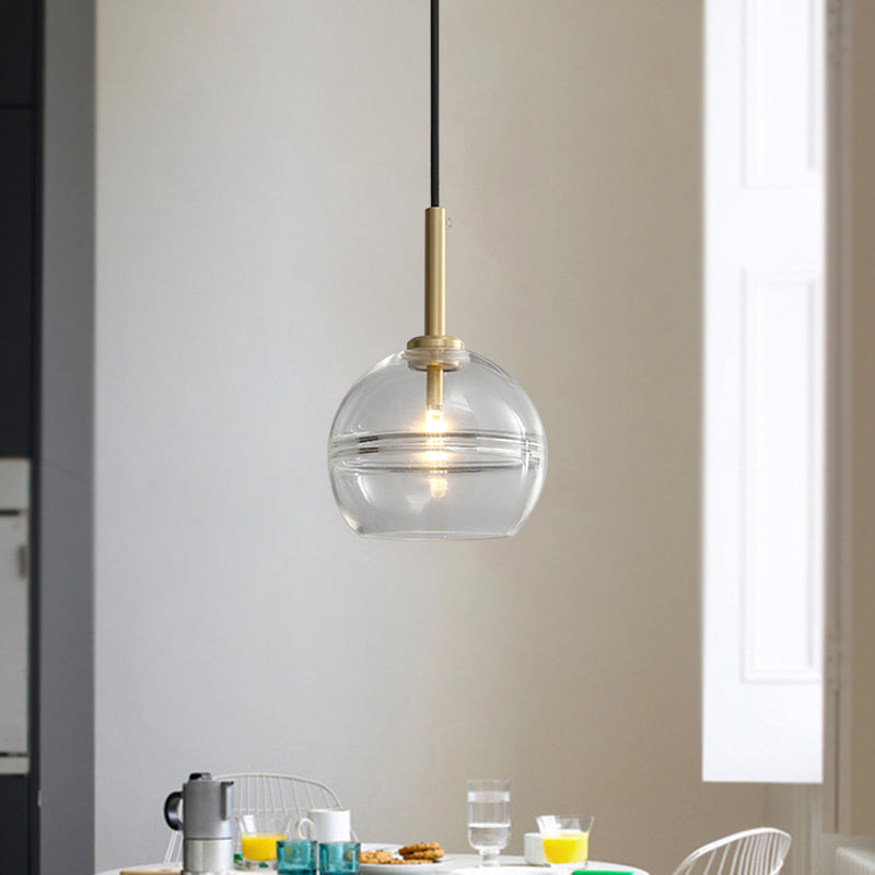 1 Light Living Room Pendant Modernist Brass Hanging Lamp Kit with Sphere Clear/Smoke Gray Ruffle Glass Shade Clearhalo 'Ceiling Lights' 'Chandeliers' 'Glass shade' 'Glass' 'Modern Pendants' 'Modern' 'Pendant Lights' 'Pendants' Lighting' 730341