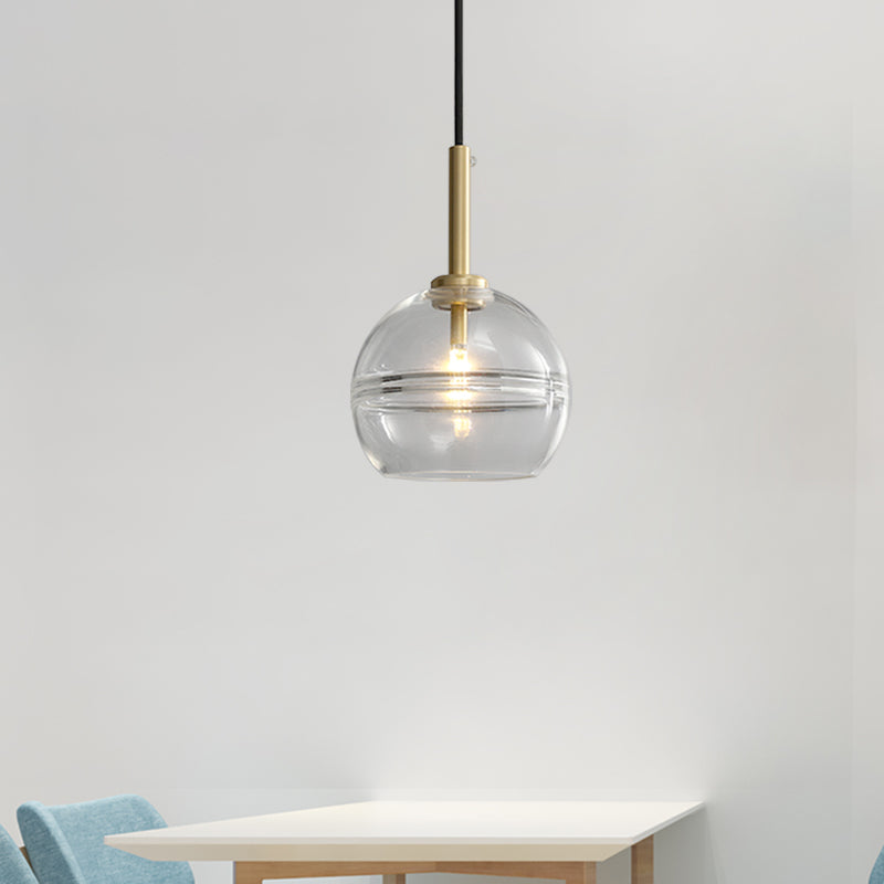 1 Light Living Room Pendant Modernist Brass Hanging Lamp Kit with Sphere Clear/Smoke Gray Ruffle Glass Shade Clearhalo 'Ceiling Lights' 'Chandeliers' 'Glass shade' 'Glass' 'Modern Pendants' 'Modern' 'Pendant Lights' 'Pendants' Lighting' 730342