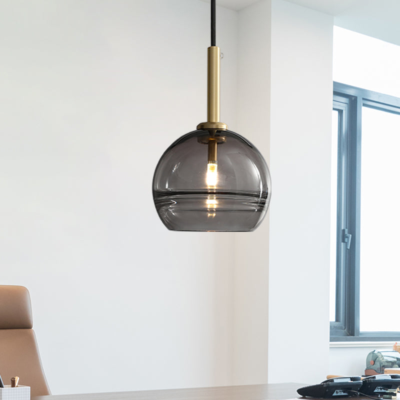 1 Light Living Room Pendant Modernist Brass Hanging Lamp Kit with Sphere Clear/Smoke Gray Ruffle Glass Shade Smoke Gray Clearhalo 'Ceiling Lights' 'Chandeliers' 'Glass shade' 'Glass' 'Modern Pendants' 'Modern' 'Pendant Lights' 'Pendants' Lighting' 730345
