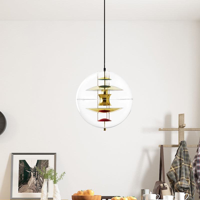 Clear Acrylic Ball Hanging Ceiling Light Modernist 1-Head Suspension Lamp with White/Gold/Silver Disc Deco Inside Clearhalo 'Ceiling Lights' 'Modern Pendants' 'Modern' 'Pendant Lights' 'Pendants' Lighting' 730357
