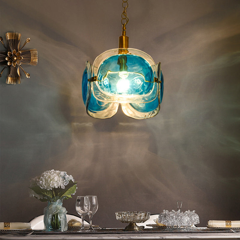 1 Bulb Restaurant Ceiling Lighting Modernist Brass Pendant Lamp Kit with 3-Panel Blue Water Glass Shade Clearhalo 'Ceiling Lights' 'Modern Pendants' 'Modern' 'Pendant Lights' 'Pendants' Lighting' 730390