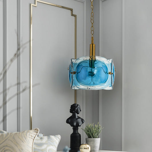 1 Bulb Restaurant Ceiling Lighting Modernist Brass Pendant Lamp Kit with 3-Panel Blue Water Glass Shade Clearhalo 'Ceiling Lights' 'Modern Pendants' 'Modern' 'Pendant Lights' 'Pendants' Lighting' 730391